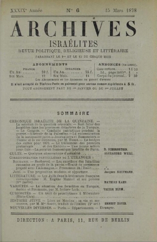 Archives israélites de France. Vol.39 N°06 (15 mars 1878)